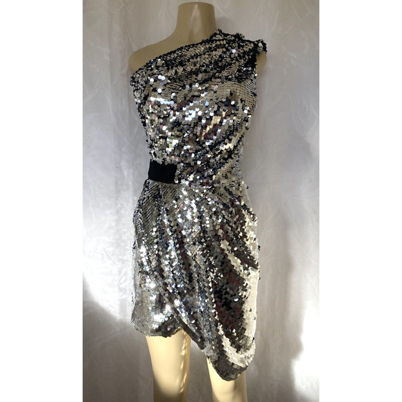 NWT Carven Sequin Dress One Shoulder Silver Metallic Asymmetric Sheath 3… - Picture 3 of 14